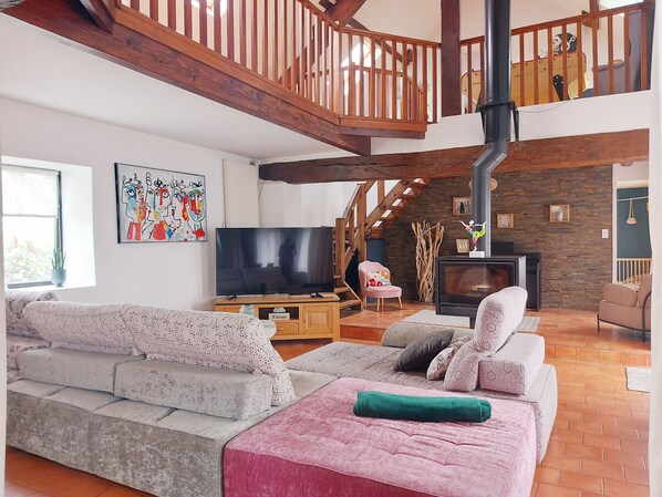 TV, fireplace, foosball