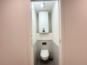 A small, narrow bathroom with a toilet, a wall-mounted heater, and a plunger on the floor.