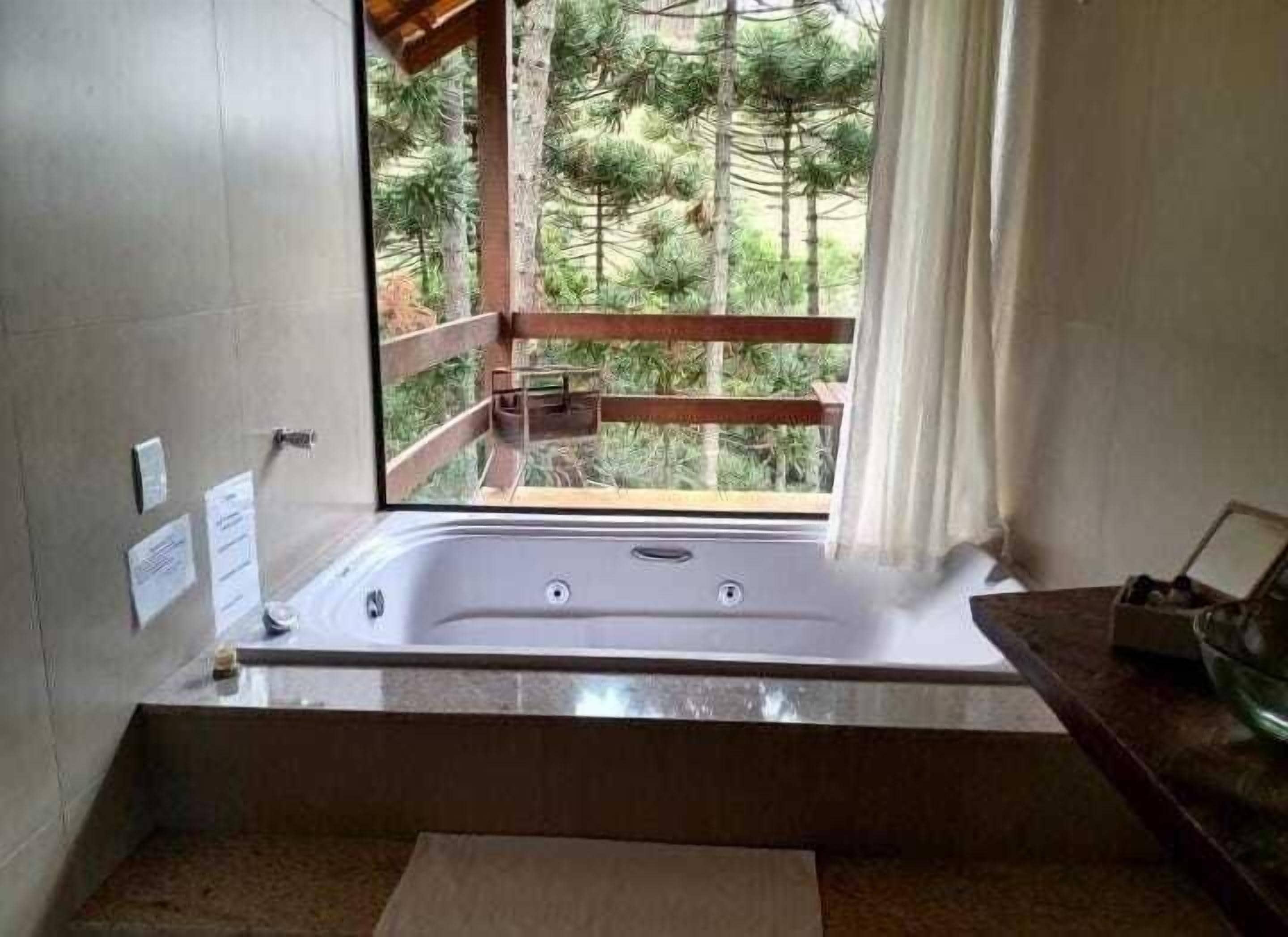 A bathroom with a large bathtub, wooden beams, and a view of a forest.