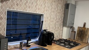 A modern kitchen with a stainless steel sink, a gas stove, a coffee maker, and a window with a view. - Chalet Quattro in Bosrijke Omgeving Anloo (Anloo)