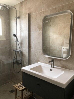 Regadera, secadora de cabello, toallas, papel de baño 