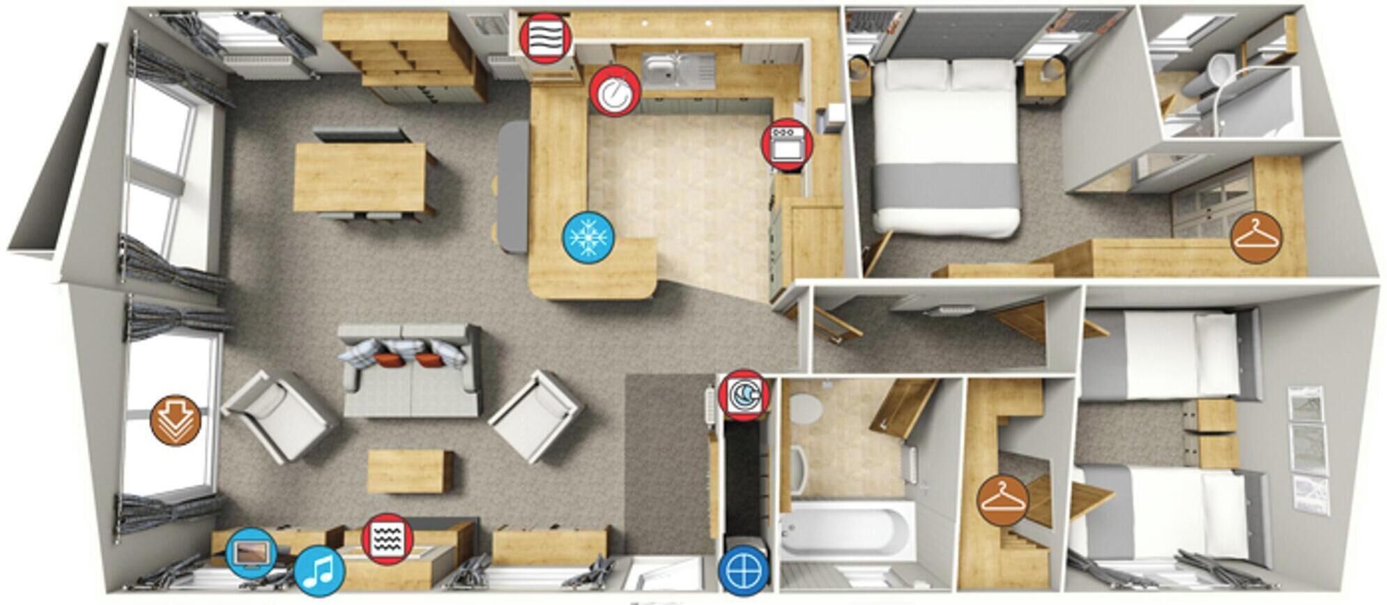 A hotel room layout with a bed, seating area, kitchenette, bathroom, and a small balcony.