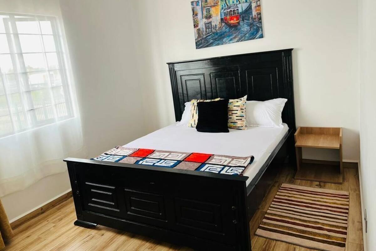 A bedroom with a black bed frame, white bedding, a colorful rug, a wooden nightstand, and a painting on the wall.