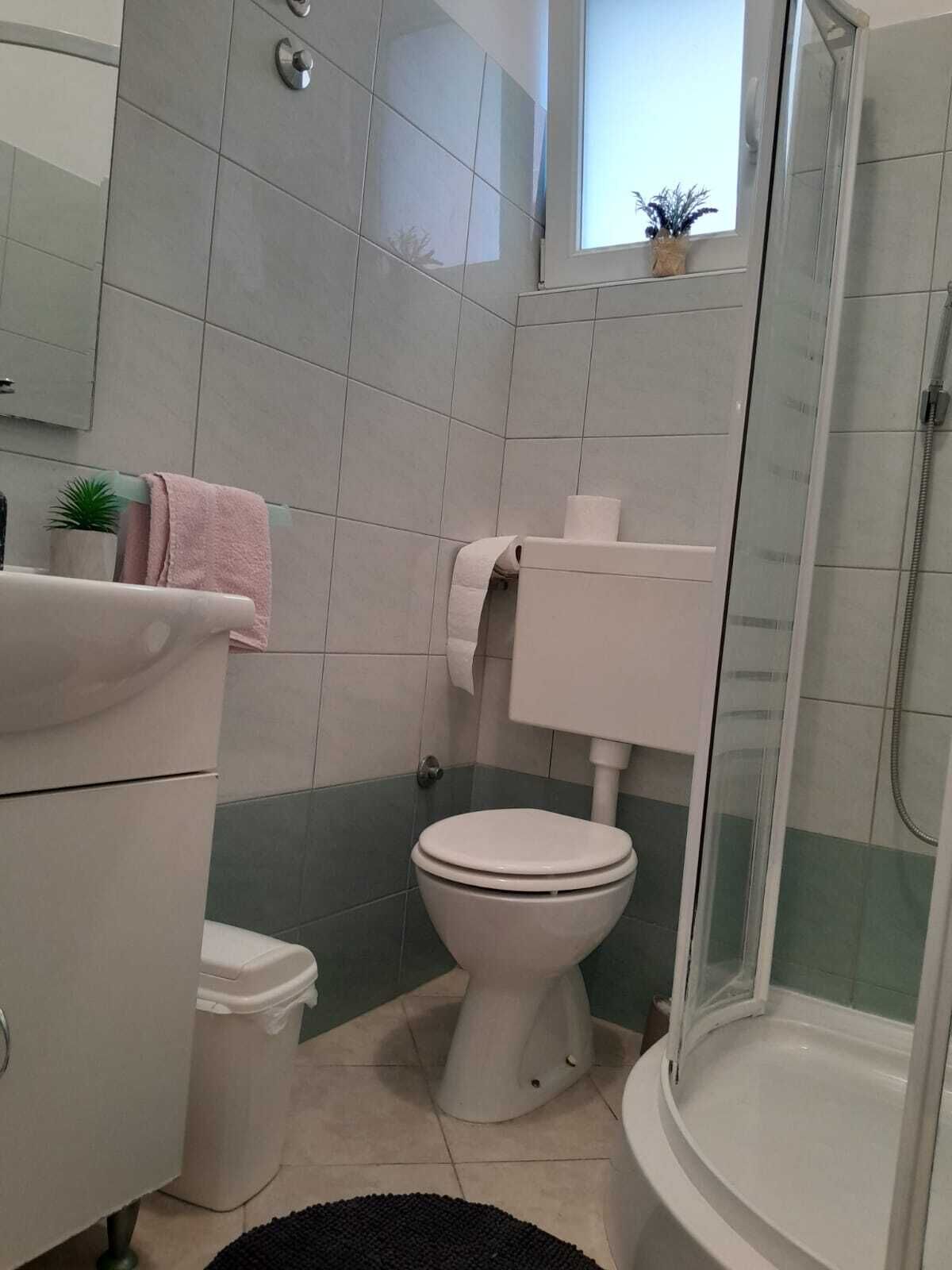 A bathroom with a toilet, sink, and shower.