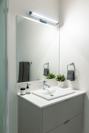 Shower, hair dryer, towels