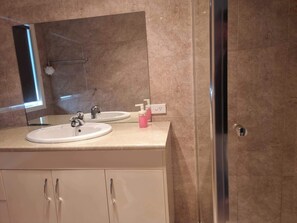 Shower, hair dryer, towels