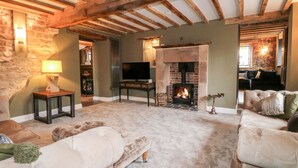 Ein gemütliches Wohnzimmer mit Steinwand, Kamin und Fernseher.