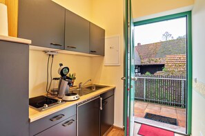 Comfort Studio (A4) | Private kitchen | Fridge, electric kettle, cookware/dishes/utensils - SCHUSTERjunge APARTHOTEL (Sasbachwalden)