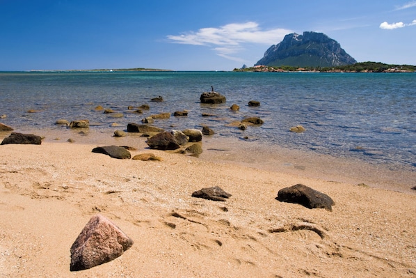 Une plage à l’eau claire, parsemée de rochers, avec une montagne en arrière-plan.