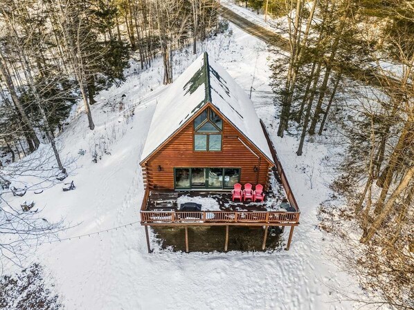 Une cabane dotée d’une terrasse, entourée d’arbres couverts de neige.