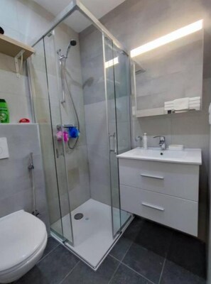 Hair dryer, slippers, towels, soap