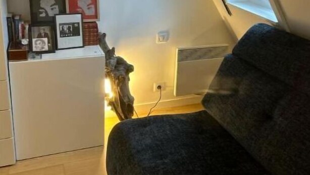 Un petit espace de vie compact, doté d’une kitchenette, d’un canapé gris et d’une fenêtre laissant entrer la lumière naturelle.