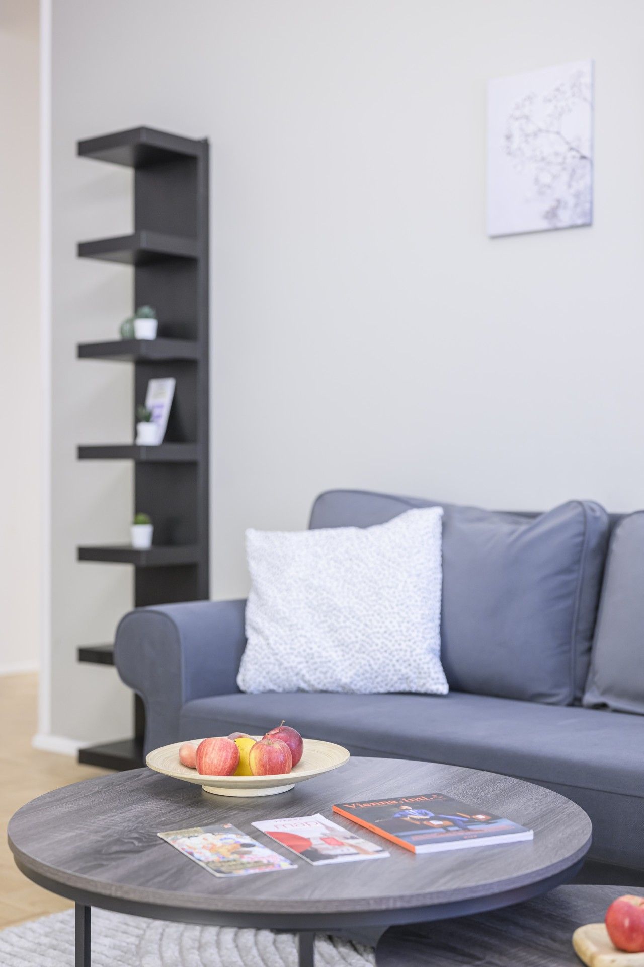 A modern living room with a grey sofa, a round coffee table with a bowl of fruit and magazines, and a black bookshelf against the wall.