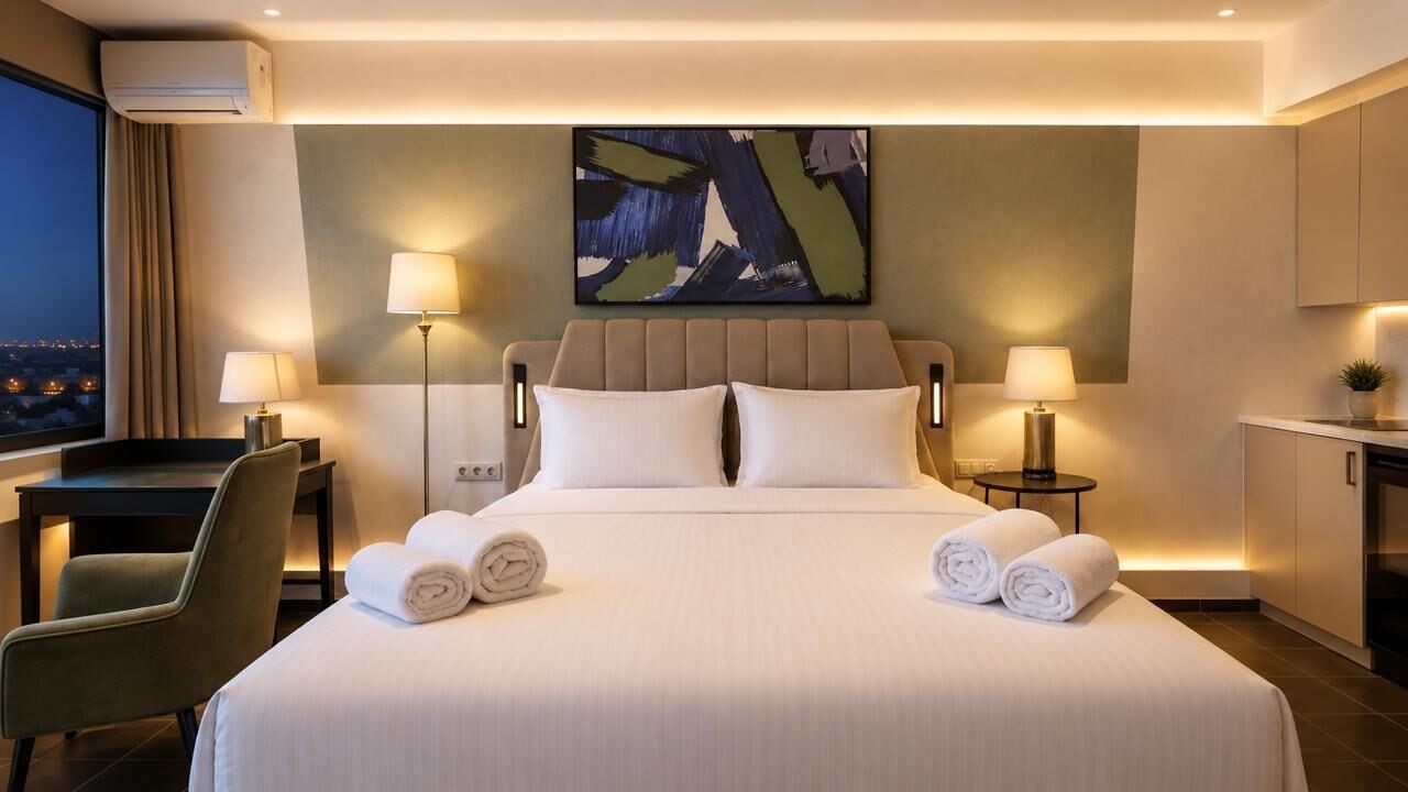 A hotel room with a bed, two bedside lamps, a desk with a chair, and a view of the city at night.