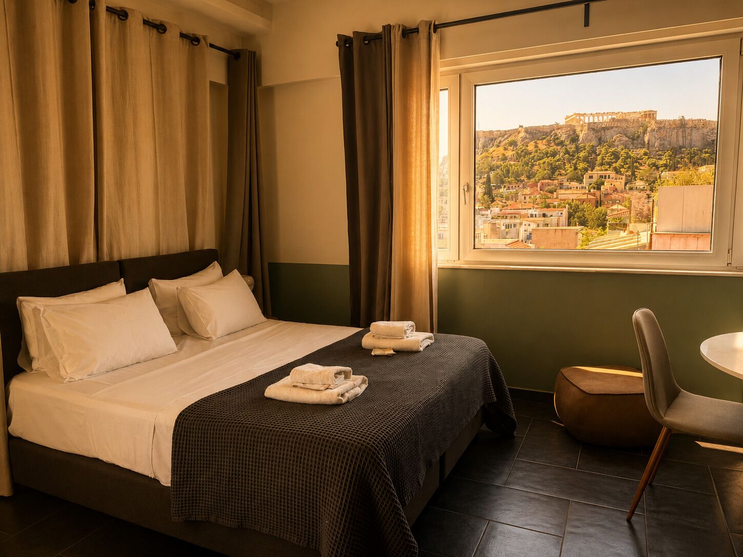 Habitación de hotel con una cama, vistas a la ciudad y un rincón de comedor.