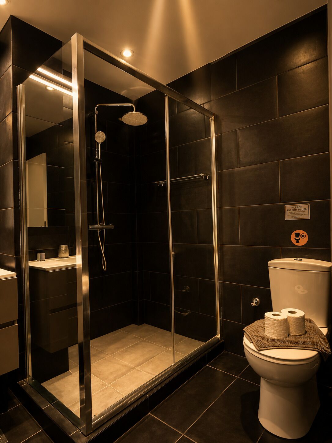 Une salle de bain moderne avec une douche à parois de verre, des toilettes et un lavabo.