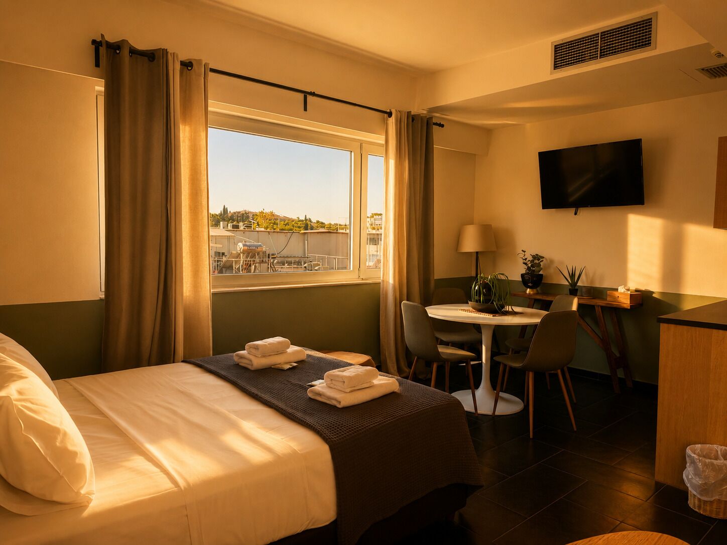 Habitación de hotel con cama, escritorio, silla, televisión y ventana con cortinas.