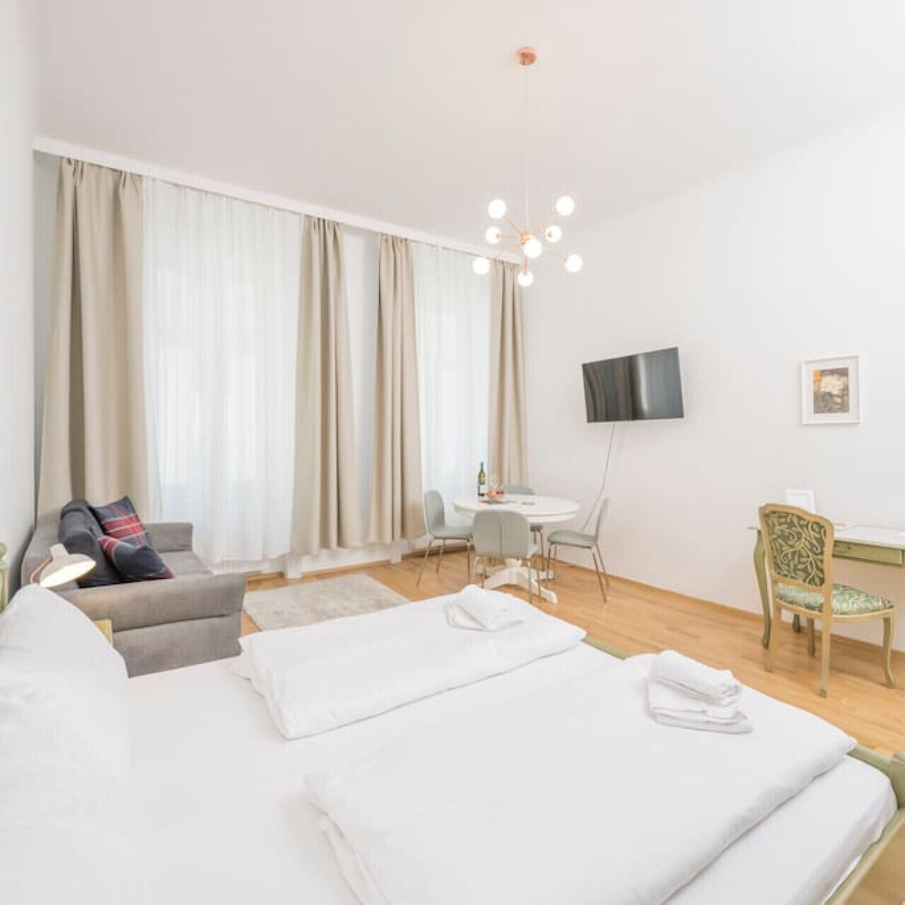 1 bedroom, desk, iron/ironing board, travel cot