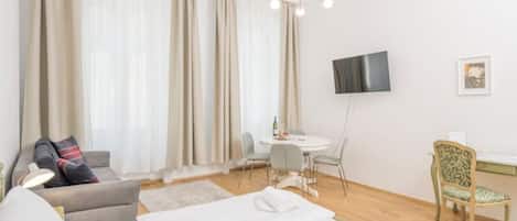1 bedroom, desk, iron/ironing board, travel cot