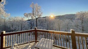Une terrasse en bois offrant une vue sur des arbres couverts de neige et une chaîne de montagnes en arrière-plan.
