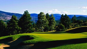 Un campo de golf con onduladas colinas verdes y árboles, con montañas distantes al fondo.