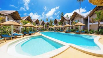 Outdoor pool, pool umbrellas, sun loungers