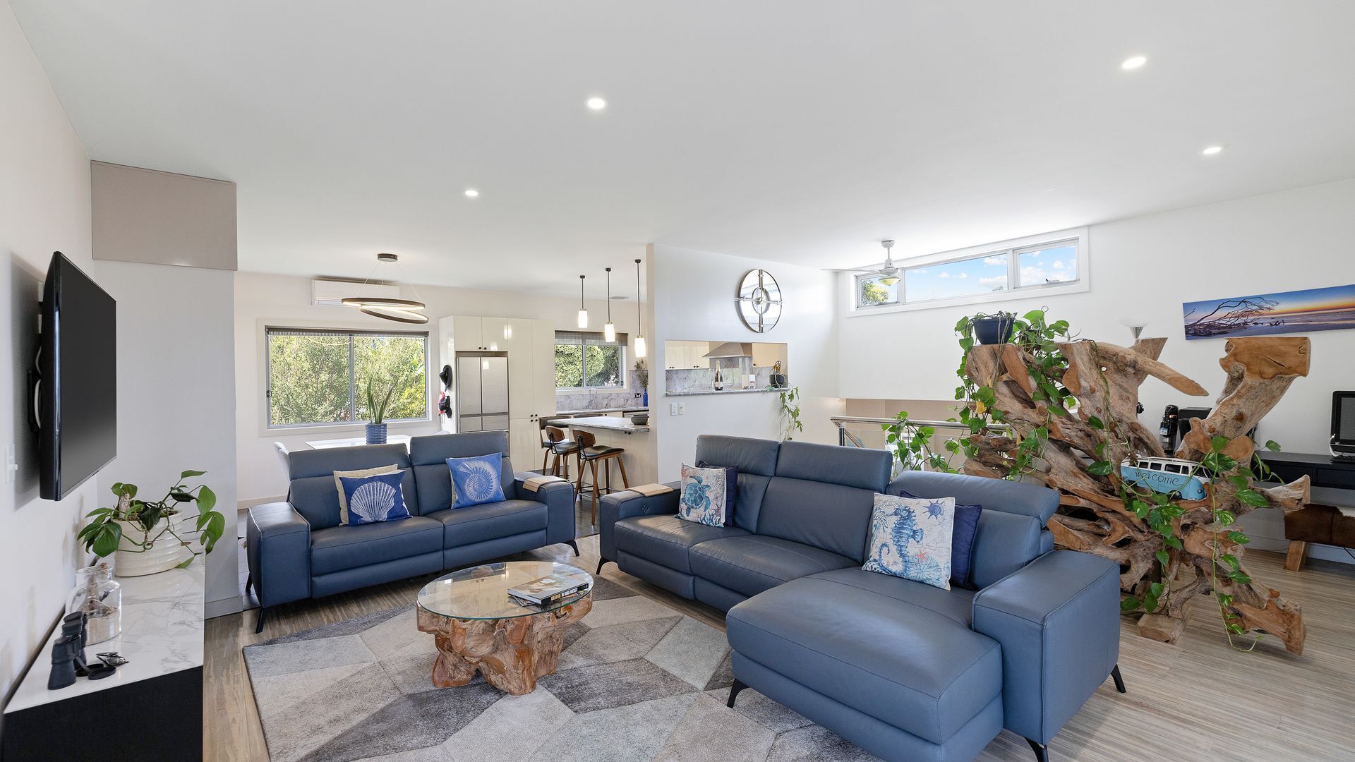 TV, fireplace, books