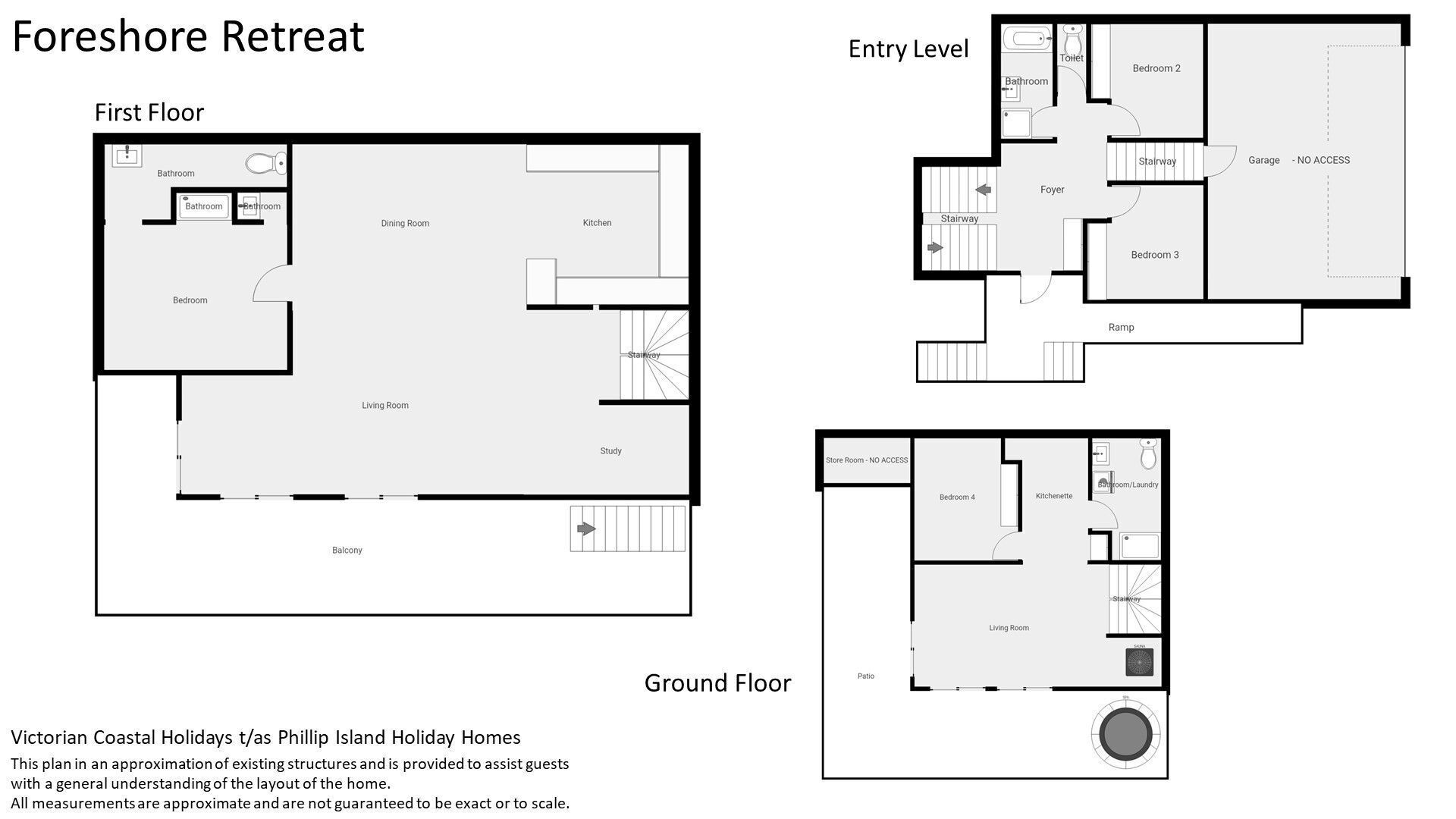 Floor plans for a hotel with first, entry, and ground floors.