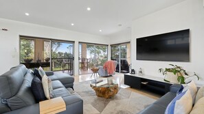 テレビ、暖炉、書庫