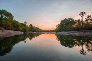 Une rivière paisible, bordée d’arbres des deux côtés, dont les eaux reflètent le ciel.
