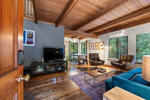 Smart TV, fireplace, video games, DVD player