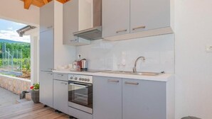 Une cuisine moderne avec des meubles gris, un four en acier inoxydable et un évier.