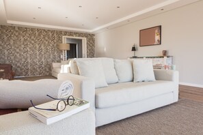 TV, fireplace, books