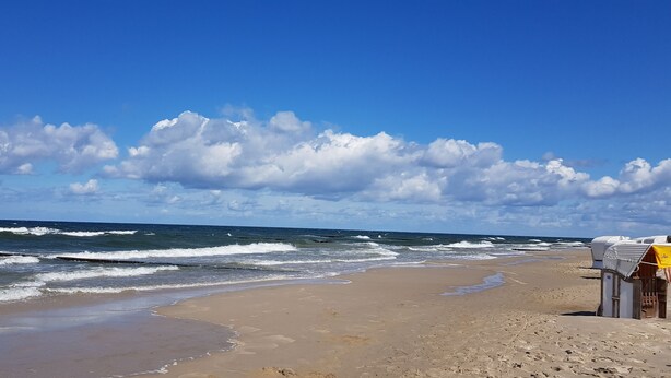 En strand med bølger, en klar himmel og en lille bygning til højre.