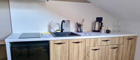 Fridge, stovetop, cookware/dishes/utensils, spices