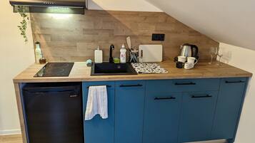 Fridge, stovetop, cookware/dishes/utensils, spices