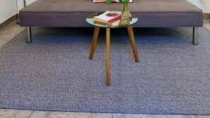 A modern living room with a grey sofa, a glass coffee table, and a potted plant.