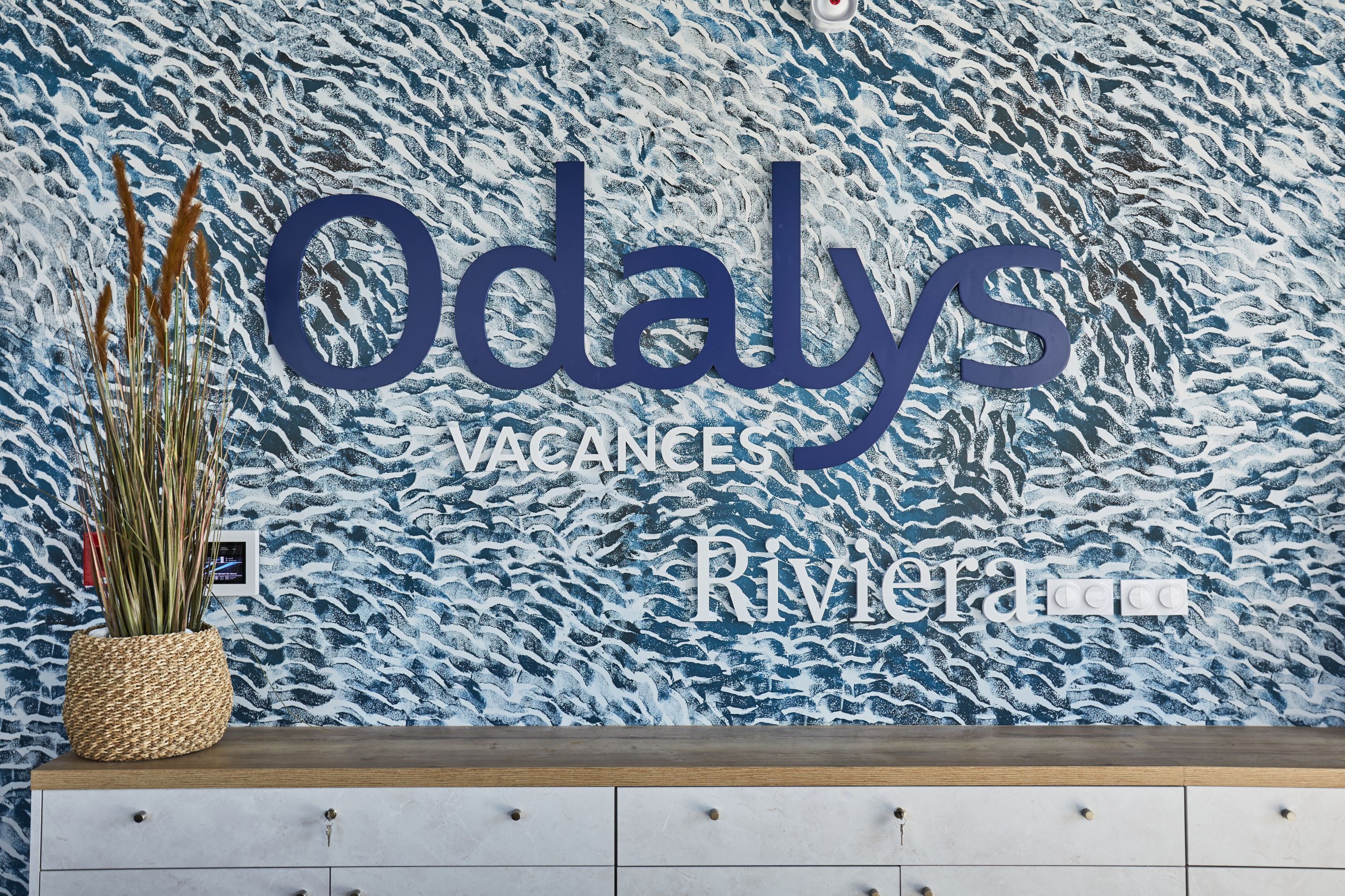 Eine Wand mit dem Schriftzug "Odaly's Vacances Rivieras" und einer Zierpflanze.