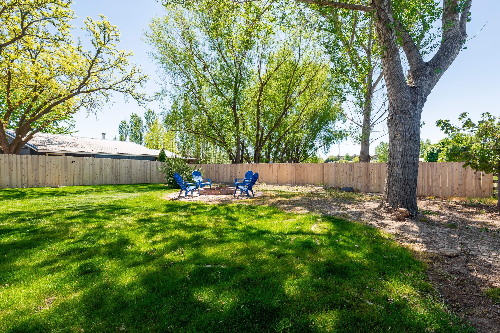 Ein Garten mit Holzzaun, einem Baum und drei blauen Stühlen.