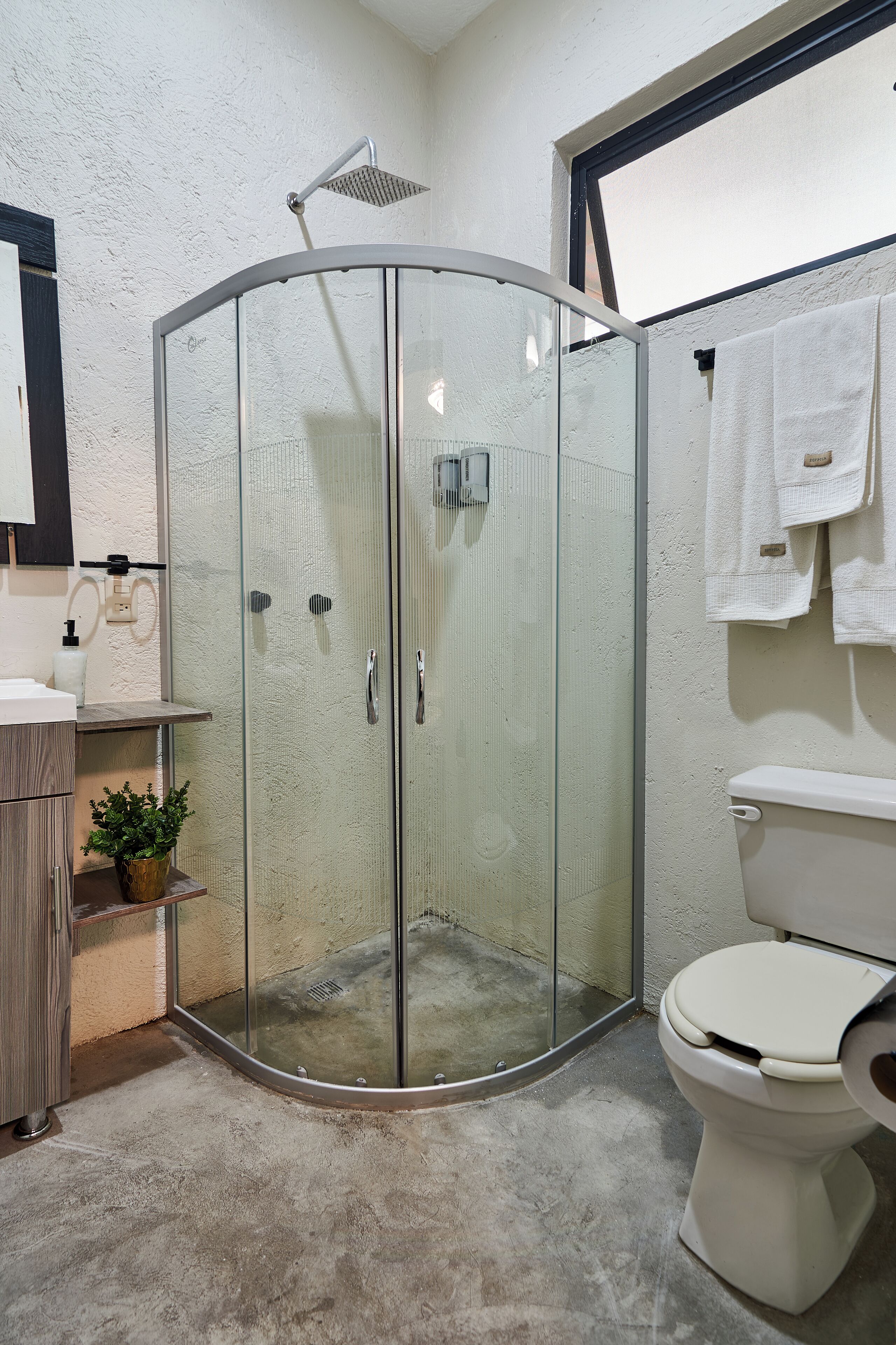A bathroom with a glass-enclosed shower, a toilet, and a sink with a mirror.