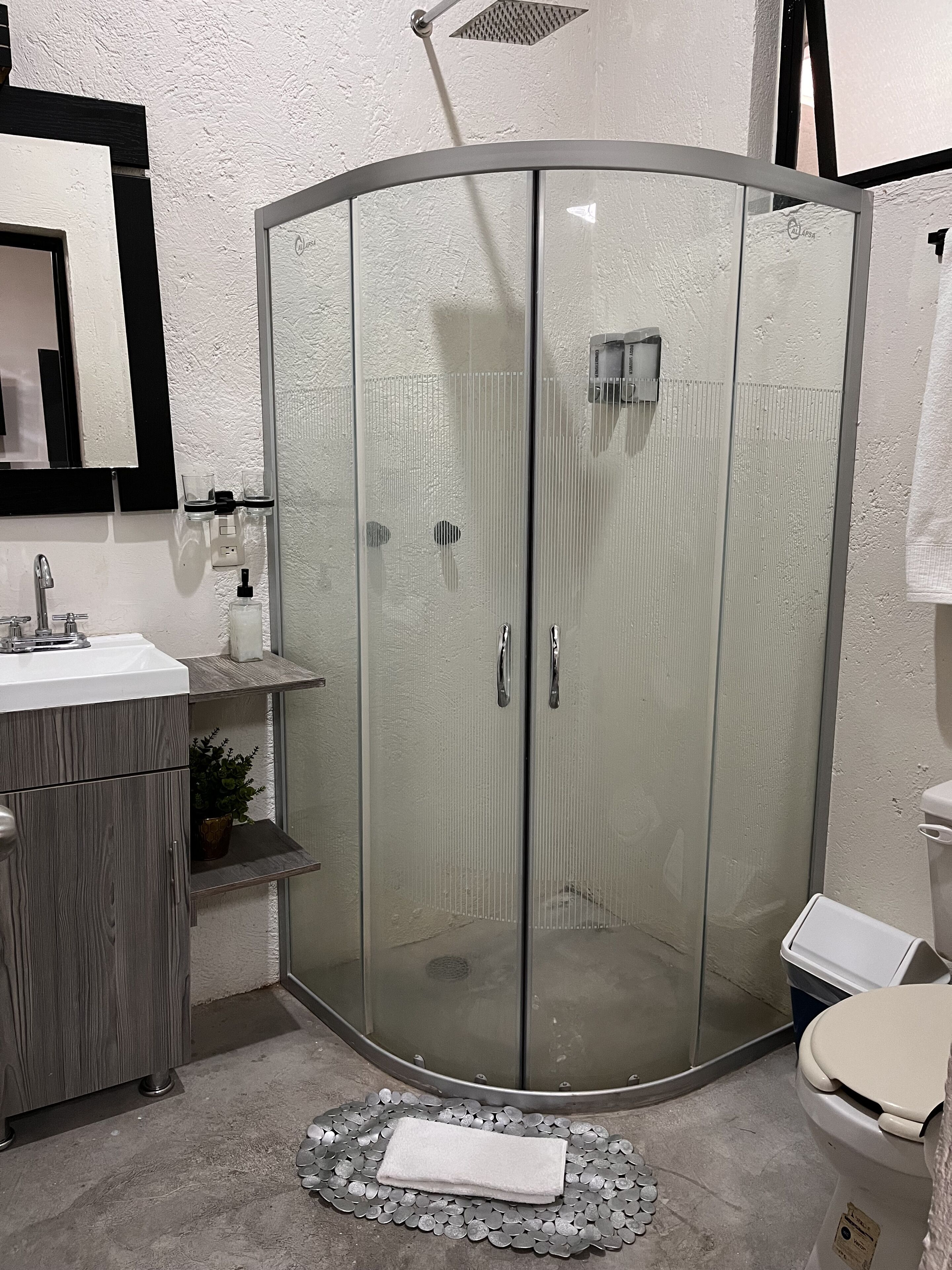 Un baño con ducha de vidrio, lavamanos con espejo y retrete.