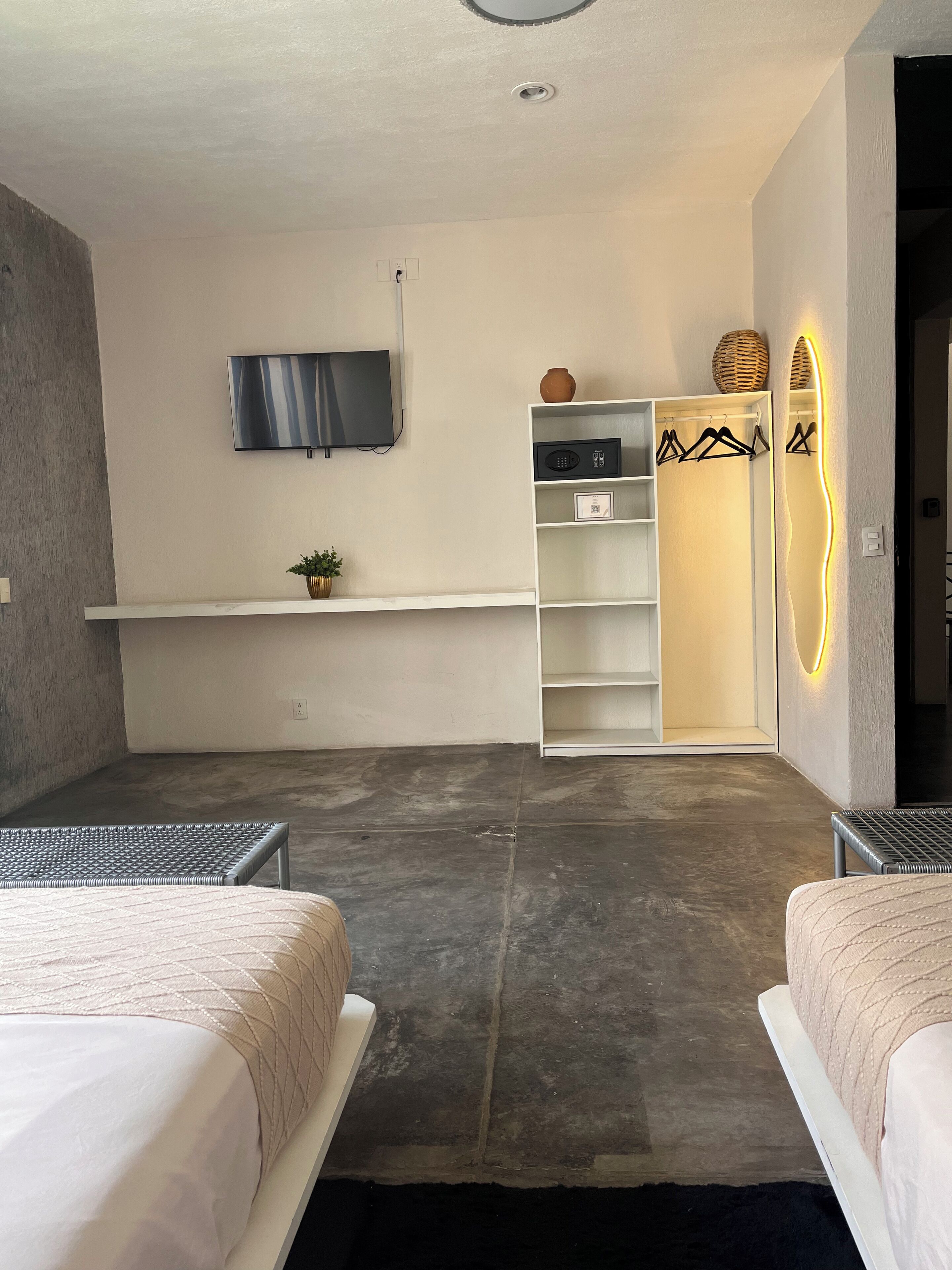 Un dormitorio moderno con dos camas, un televisor, una estantería con una planta y un armario con iluminación.
