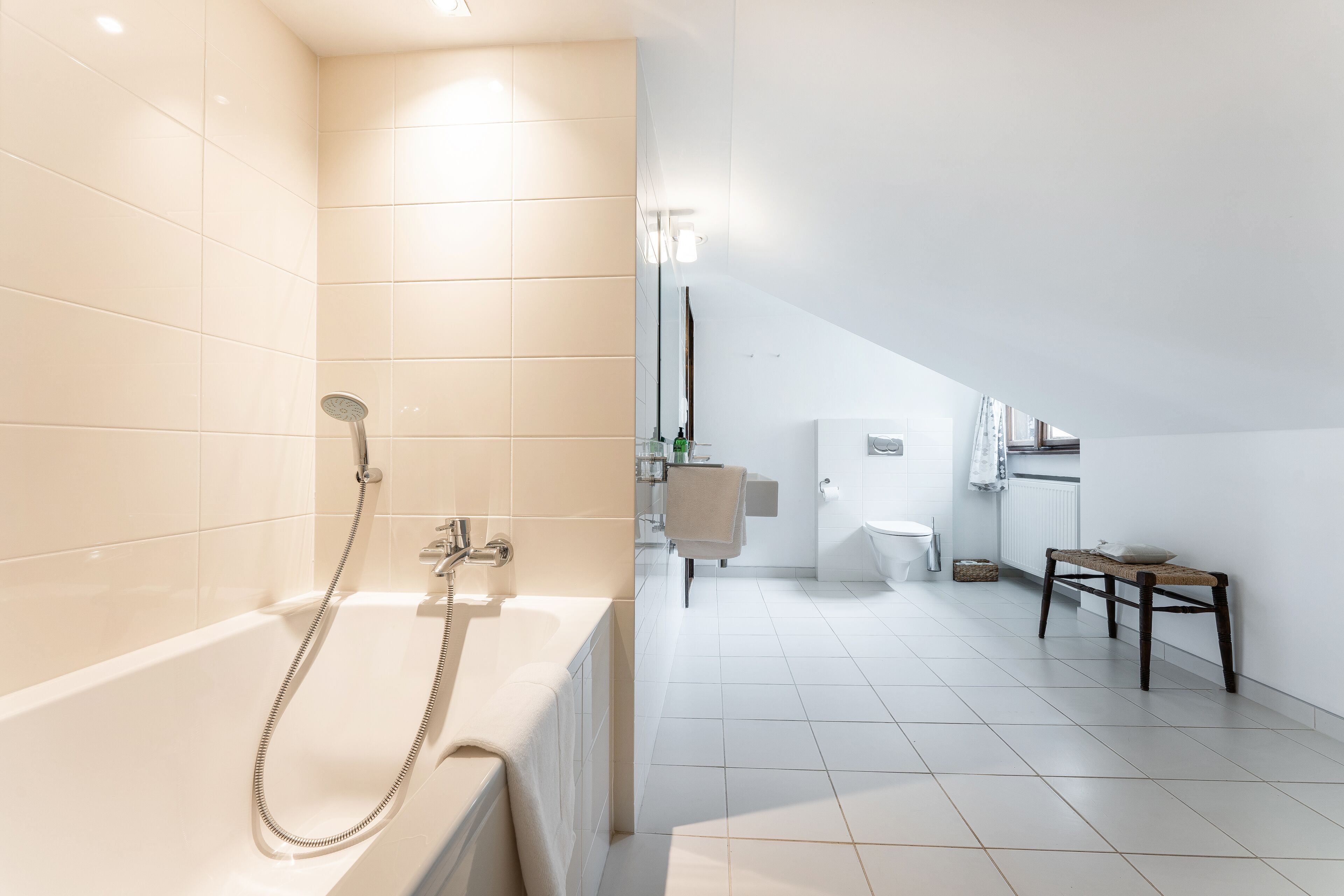 Un baño moderno con bañera, ducha y retrete.
