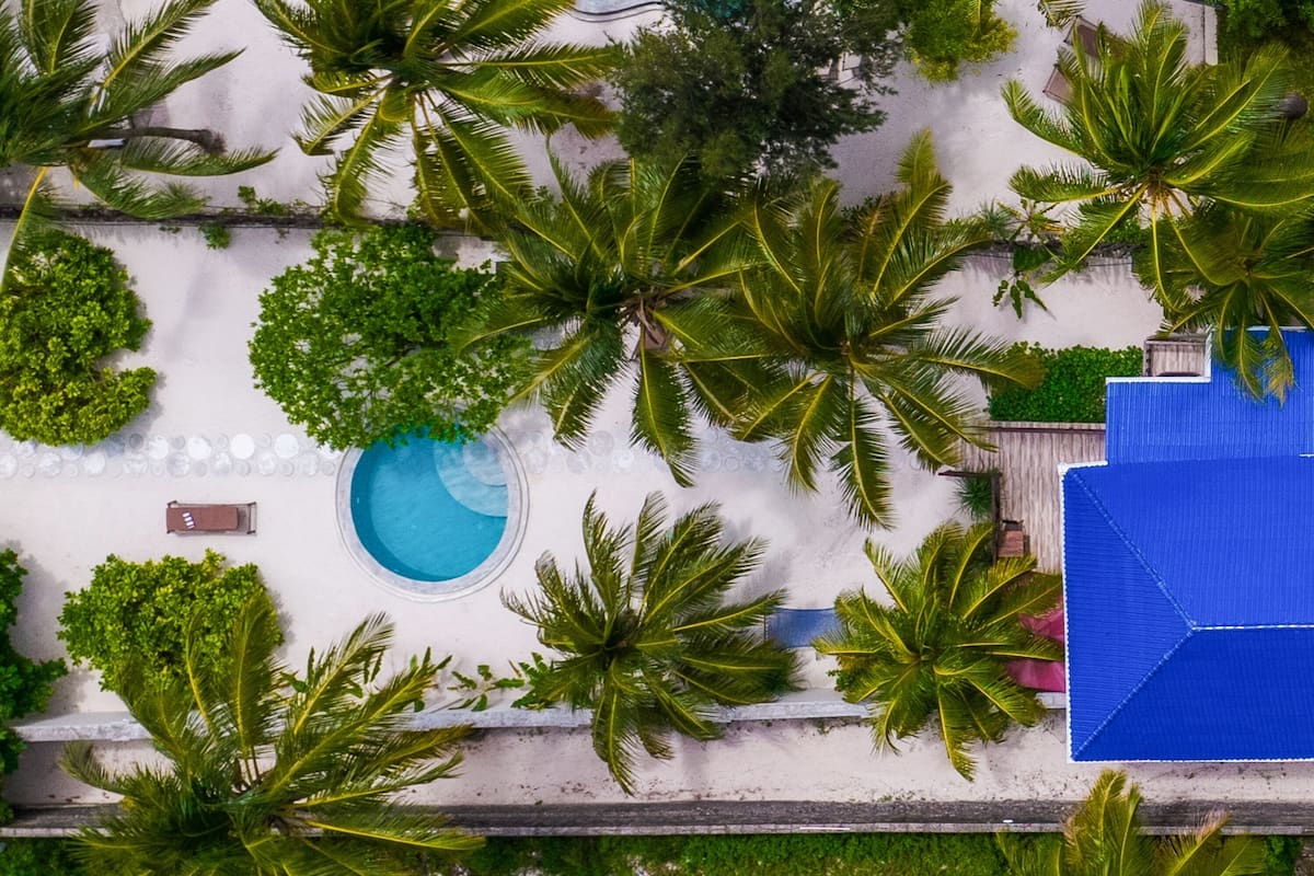 An aerial view of a resort with a swimming pool surrounded by palm trees and a blue building.