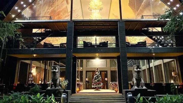 A modern building with a glass pyramid entrance, a staircase leading to the main entrance, and a Christmas tree decoration.