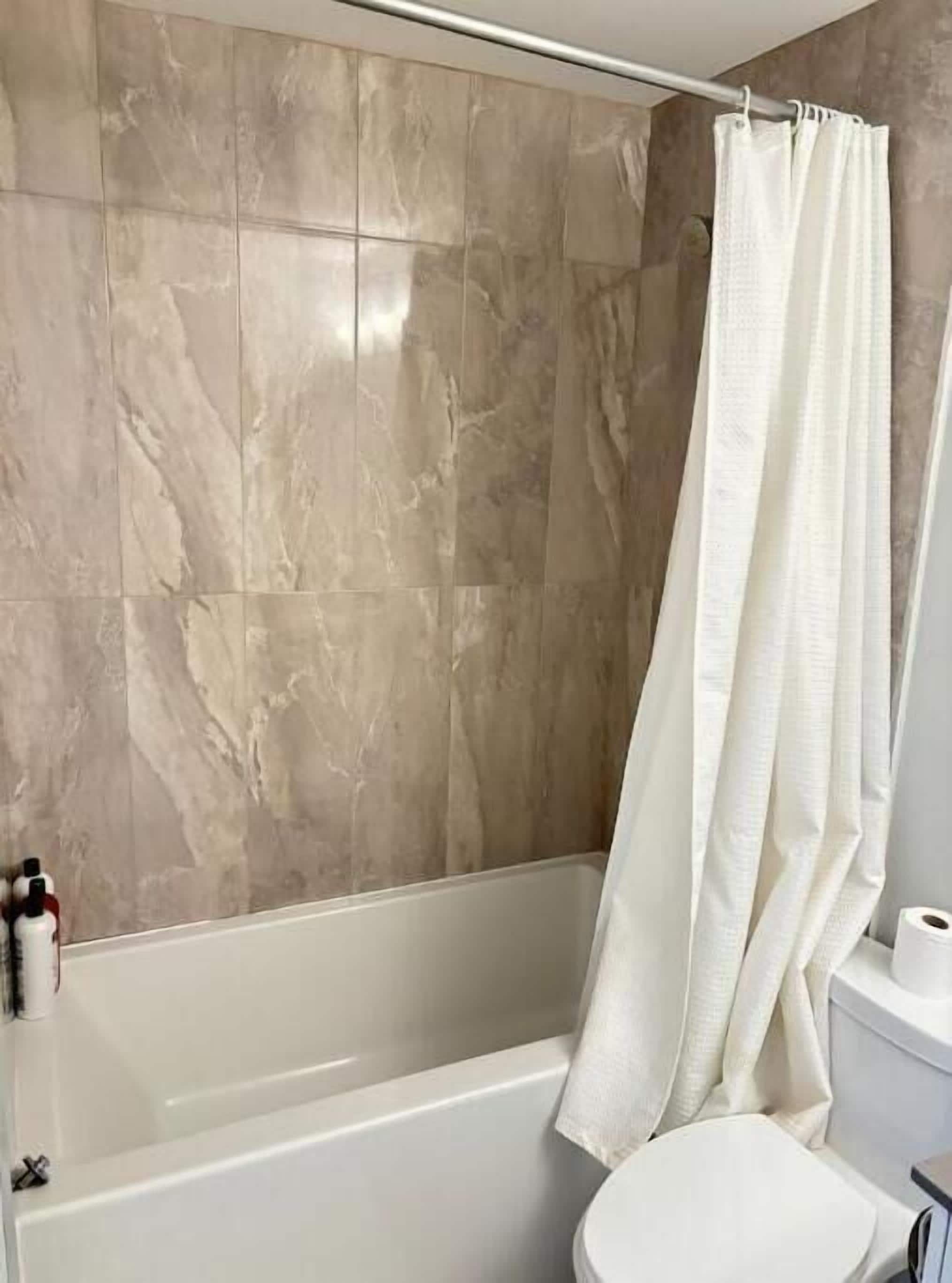 Hair dryer, towels, soap, shampoo