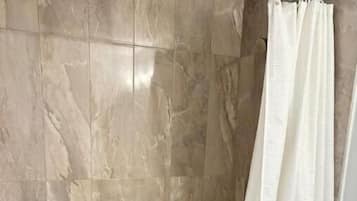 Hair dryer, towels, soap, shampoo