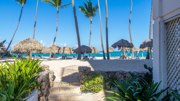 A beach with palm trees, thatched umbrellas, and a clear blue sky. - Comfortable & Safe Bavaro Beach Studios (Punta Cana)