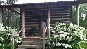 A rustic log cabin with a wooden porch, stone steps, and white flowering bushes. - Got Cabin Fever? - Grumpy Ol' Goat (Pleasant Garden)
