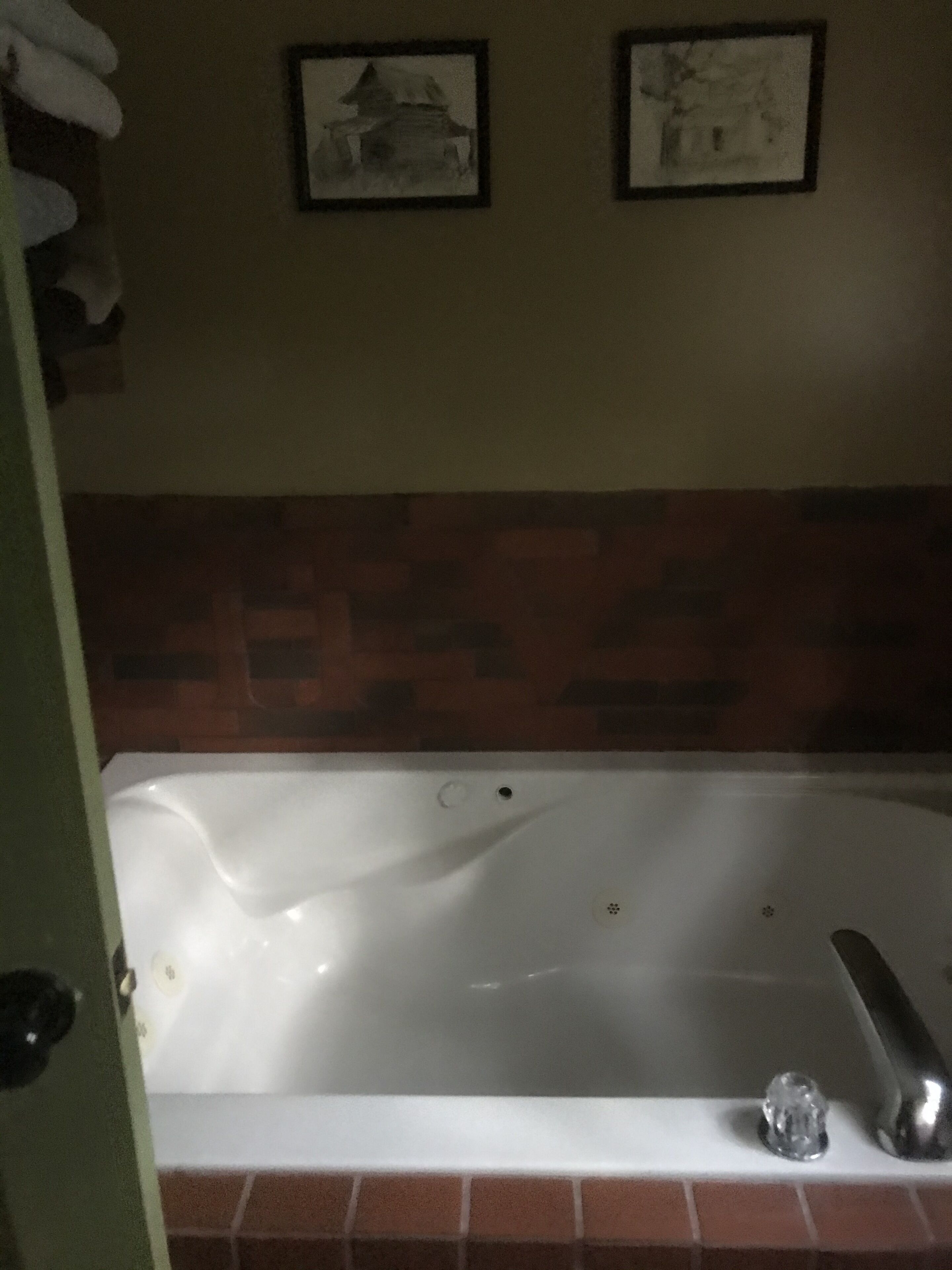 Jetted tub, hair dryer, towels, soap